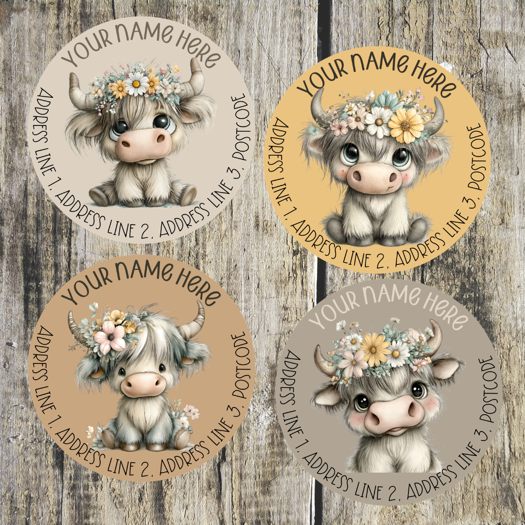 Summer Highland Cow Round Address Labels
