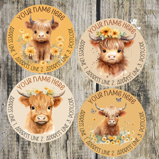 Floral Highland Cow Round Address Labels
